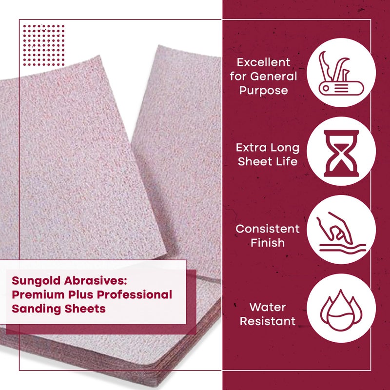Sungold Abrasives أوراق صنفرة سونغولد 11112 بحجم 9 إنش × 11 إنش، 320 حبيبة، أكسيد الألمنيوم المعالج، عبوة 25 قطعة - Image 4